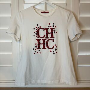 Carolina Herrera Women’s White Shirt CH Graphic T Sz M Luxury Designer Casual